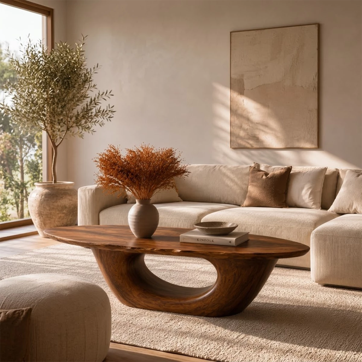 Sculptural Natural Solid Wood Coffee Table for Living Room
