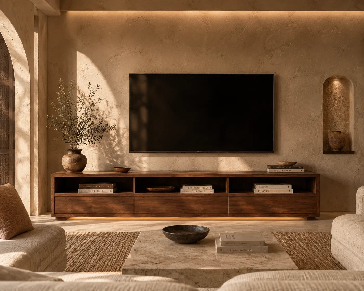 Minimalist Natural Solid Wood TV Stand with Open Shelf Storage