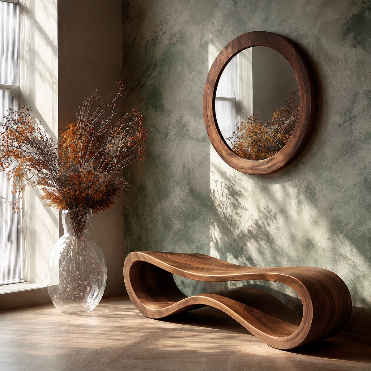 Sculptural Wave Wood Bench – Organic Natural Wood Entryway Bench for Modern Interiors