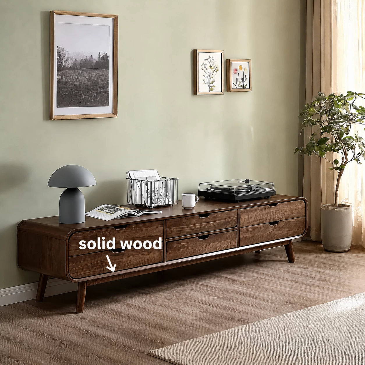 Mid Century Natural Solid Wood TV Stand with Six Drawer Storage