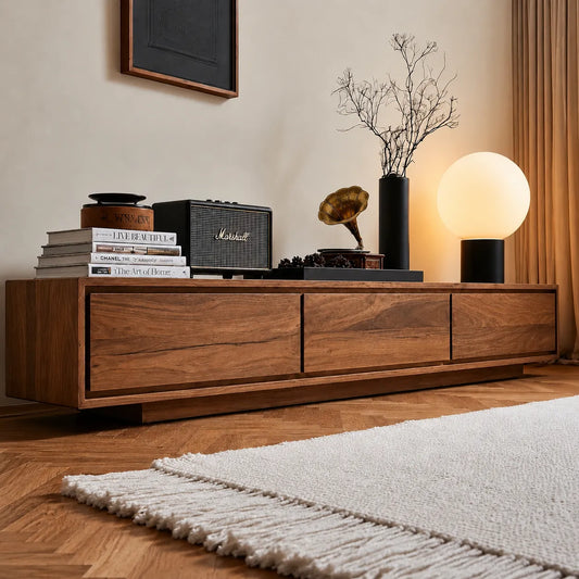 Contemporary Low Profile TV Stand with Seamless Storage Panels - Echotimber