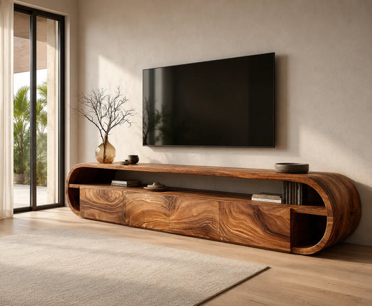 Curved Edge Natural Solid Wood TV Stand with Open Shelf Storage - Echotimber