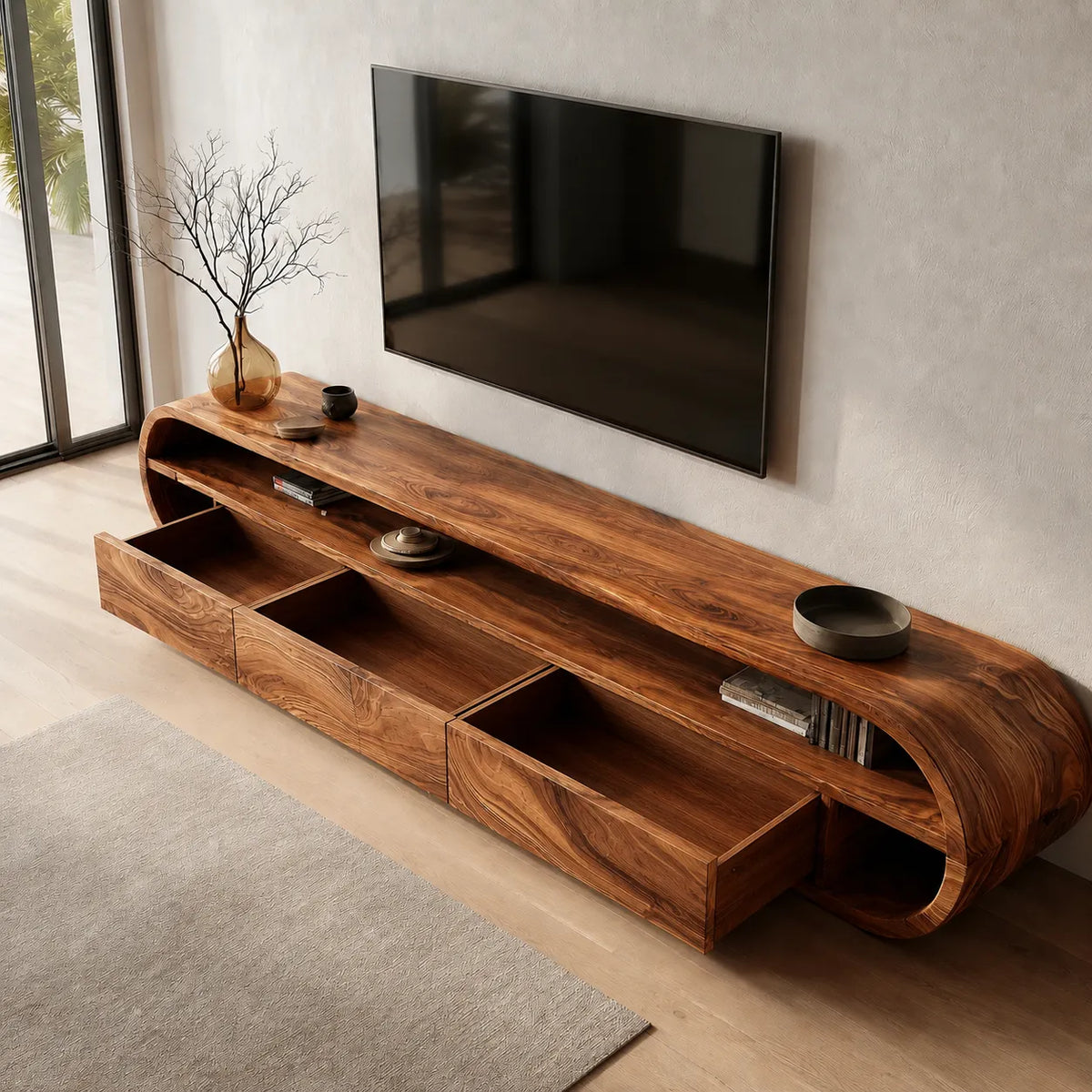 Curved Edge Natural Solid Wood TV Stand with Open Shelf Storage - Livewoodcraft - 7