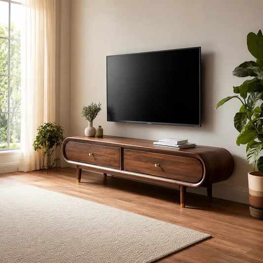 Curved Edge TV Stand with Dual Drawer Storage and Rounded Profile - Echotimber
