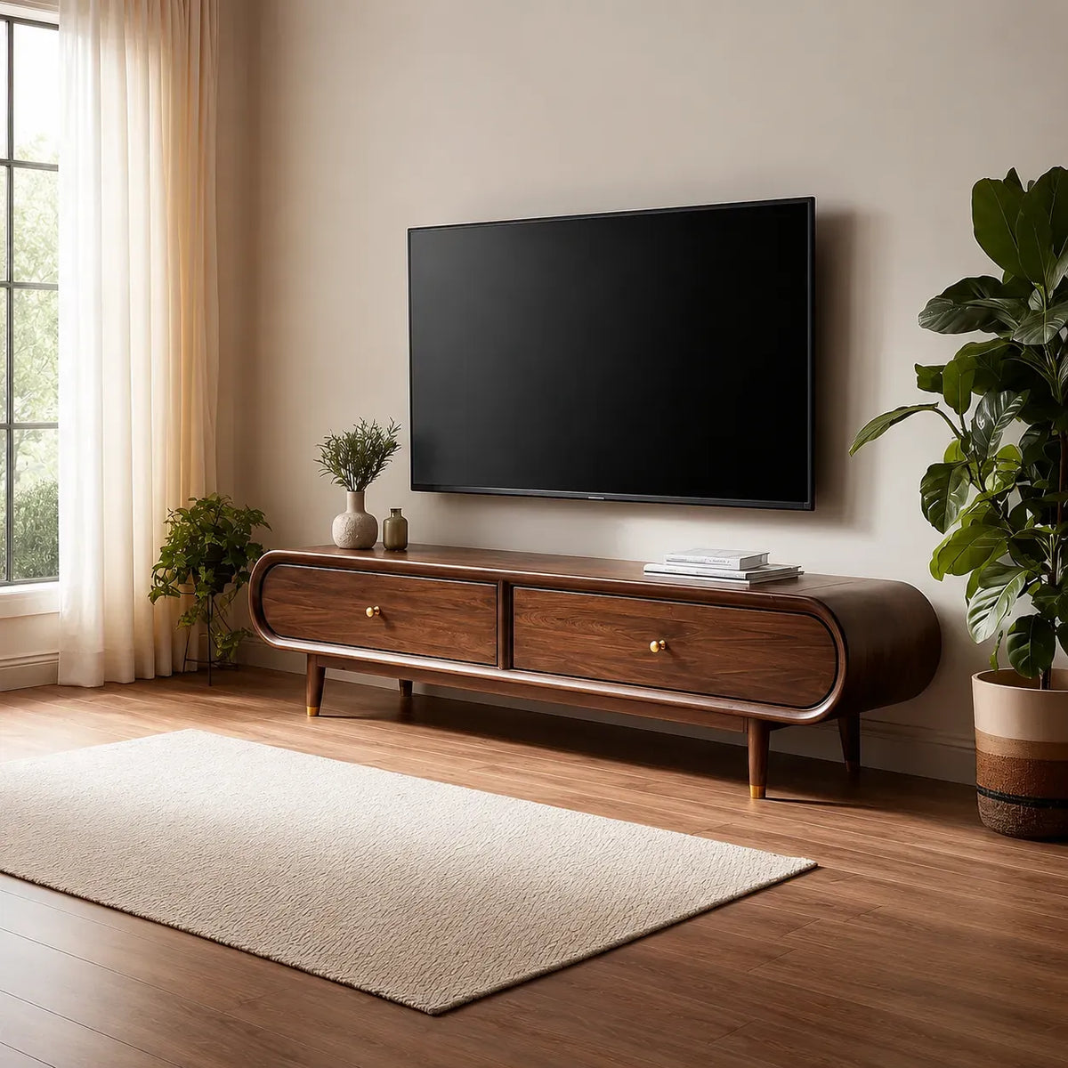 Curved Edge TV Stand with Dual Drawer Storage and Rounded Profile - Livewoodcraft - 10