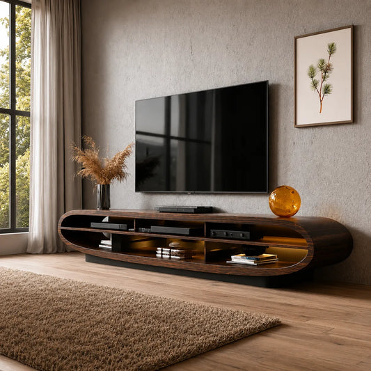 Curved Natural Solid Wood TV Stand with Open Media Console Storage - Echotimber