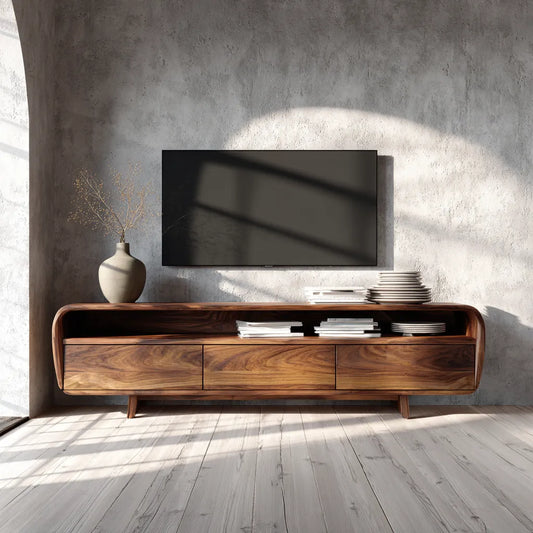 Curved Natural Solid Wood TV Stand with Open Shelf and 3 Drawers - Echotimber