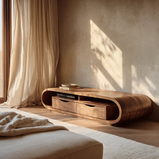 Curved Natural Solid Wood TV Stand with Open Shelf and Drawer Storage - Echotimber