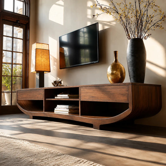 Curved Natural Solid Wood TV Stand with Open Shelves and Dual Drawers - Echotimber