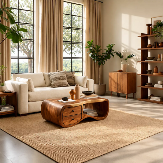 Curved Solid Wood Coffee Table With Double Storage Drawers Open Shelf And Rounded Waterfall Sides For Modern Living Room - Echotimber