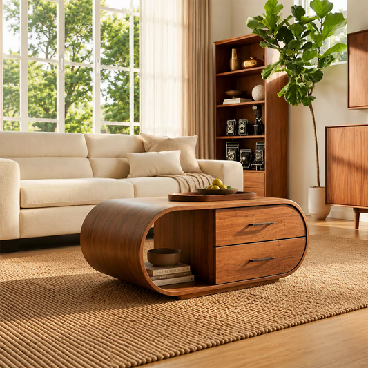 Curved Solid Wood Coffee Table With Drawers And Open Shelf - Echotimber