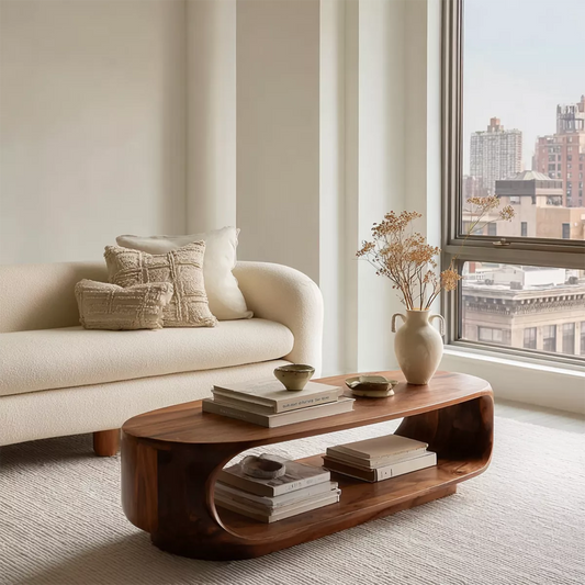 Curved Solid Wood Coffee Table With Open Shelf Rounded Sides And Natural Wood Grain For Modern Living Room - Echotimber - 4272