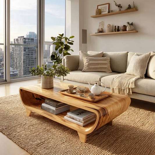 Curved Solid Wood Coffee Table With Open Shelf Rounded Sides And Natural Wood Grain For Modern Living Room - Echotimber