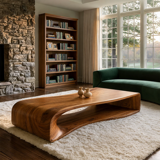 Curved Solid Wood Coffee Table With Sculptural Open Base For Living Room - Echotimber