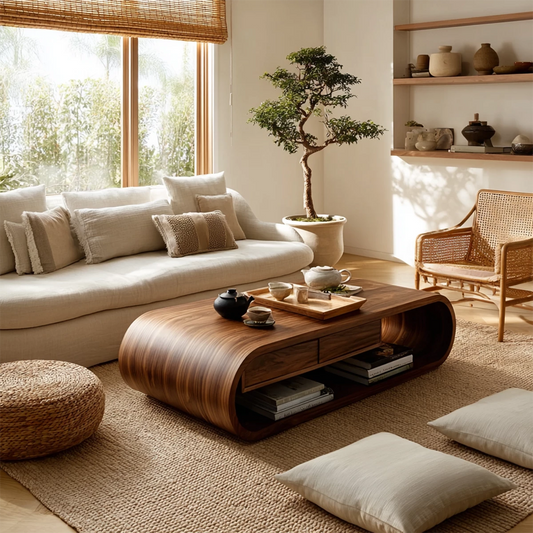 Curved Solid Wood Coffee Table With Storage Drawers Open Shelf And Rounded Waterfall Base For Modern Living Room - Echotimber
