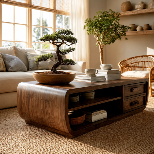 Curved Solid Wood Coffee Table With Storage Drawers Open Shelf And Rounded Waterfall Sides For Modern Living Room - Echotimber