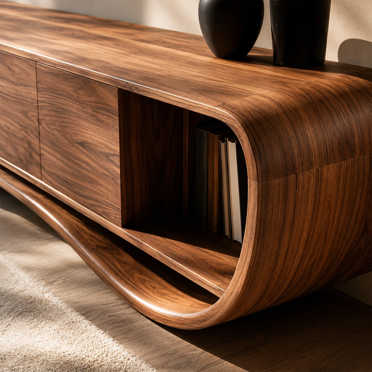 Natural Solid Wood TV Stand Curved Loop Modern Style