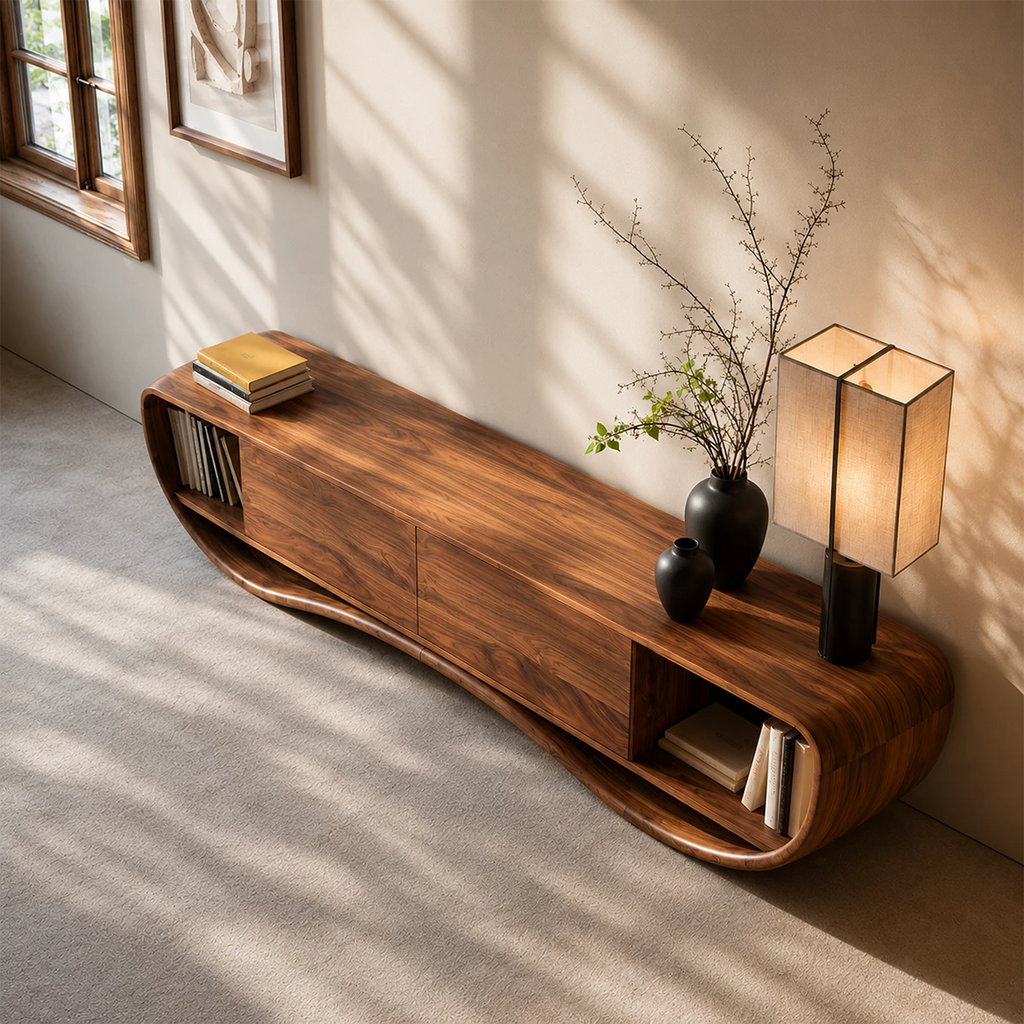 Natural Solid Wood TV Stand Curved Loop Modern Style