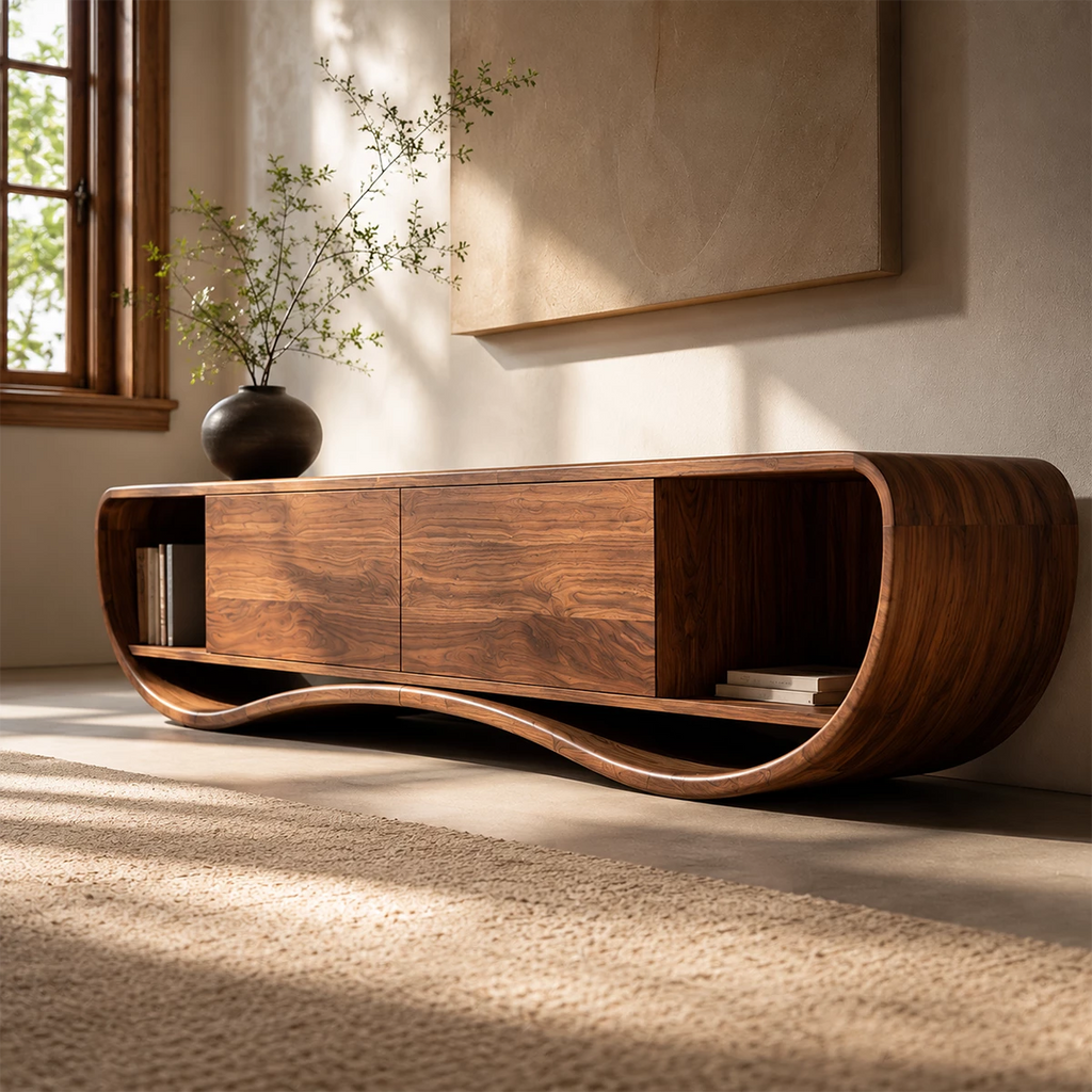 Natural Solid Wood TV Stand Curved Loop Modern Style