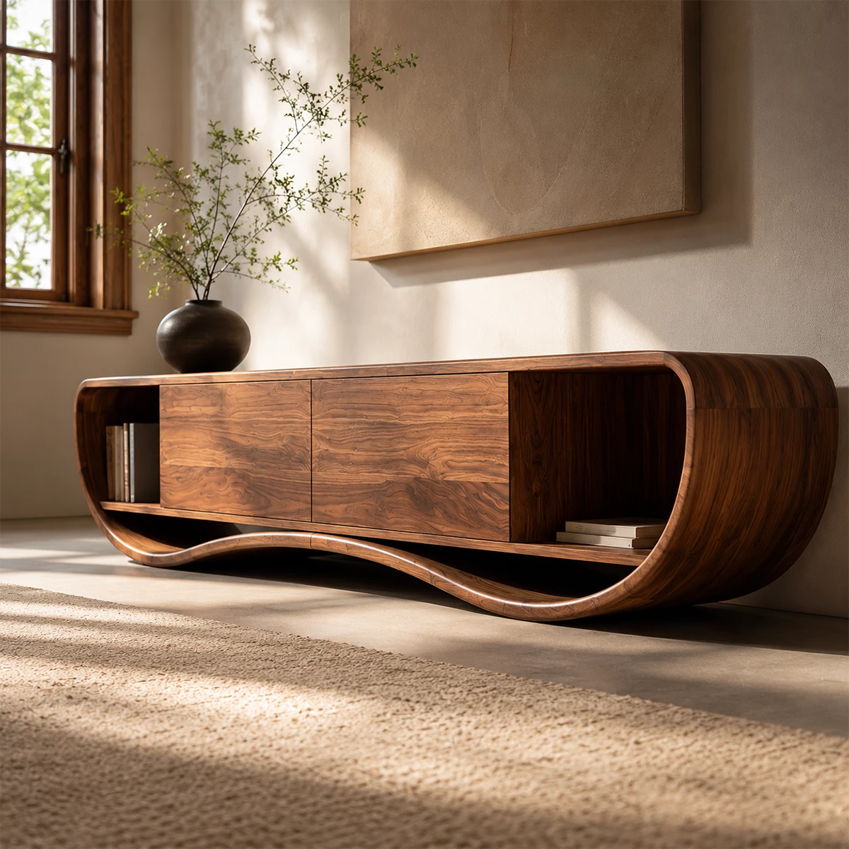 Natural Solid Wood TV Stand Curved Loop Modern Style