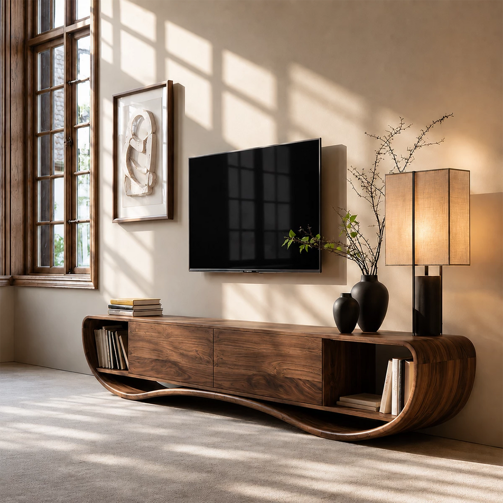 Natural Solid Wood TV Stand Curved Loop Modern Style