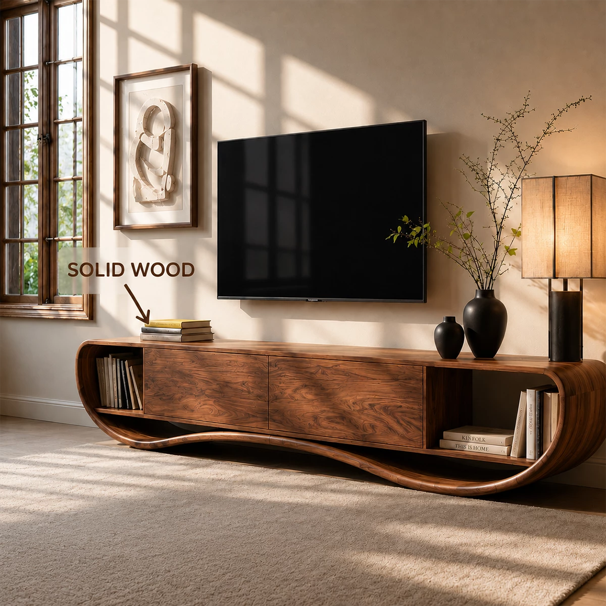 Natural Solid Wood TV Stand Curved Loop Modern Style