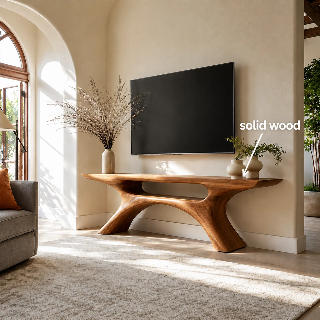 Natural Solid Wood TV Stand with Open Media Shelf and Sculptural Branch Base