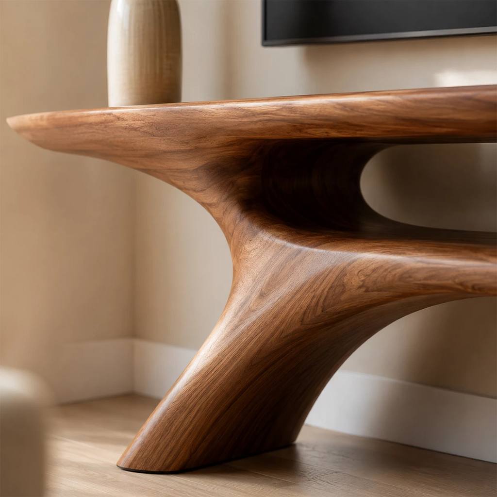 Natural Solid Wood TV Stand with Open Media Shelf and Sculptural Branch Base