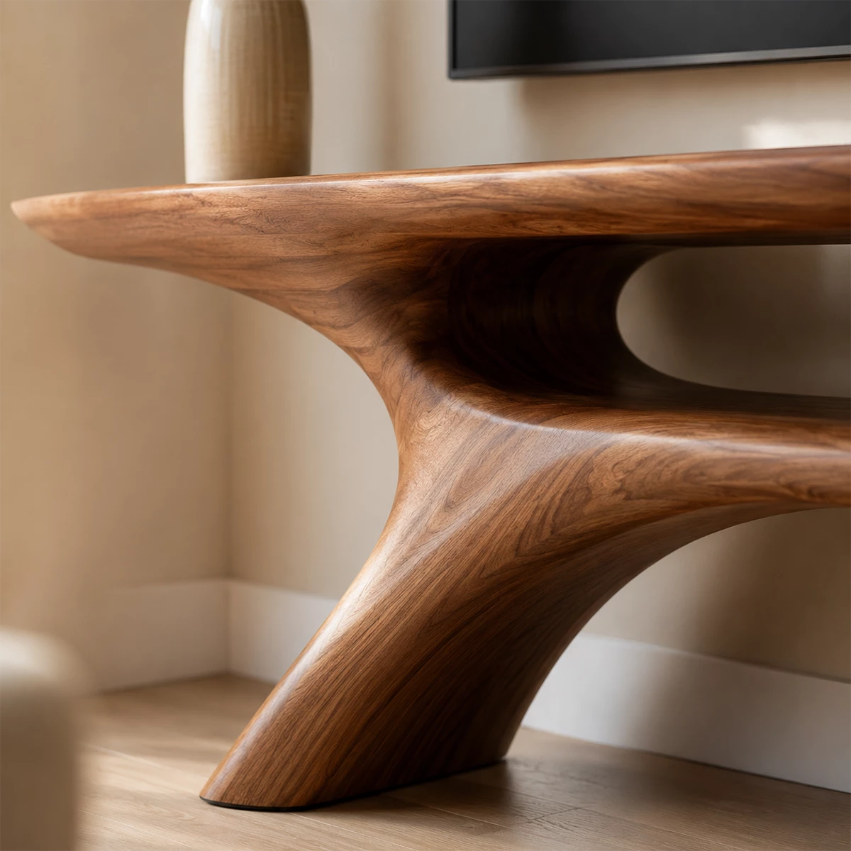 Natural Solid Wood TV Stand with Open Media Shelf and Sculptural Branch Base