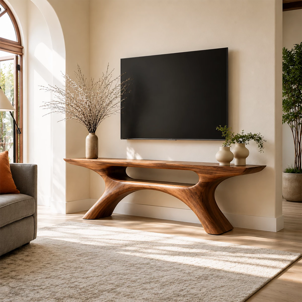 Natural Solid Wood TV Stand with Open Media Shelf and Sculptural Branch Base