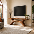 Natural Solid Wood TV Stand with Open Media Shelf and Sculptural Branch Base