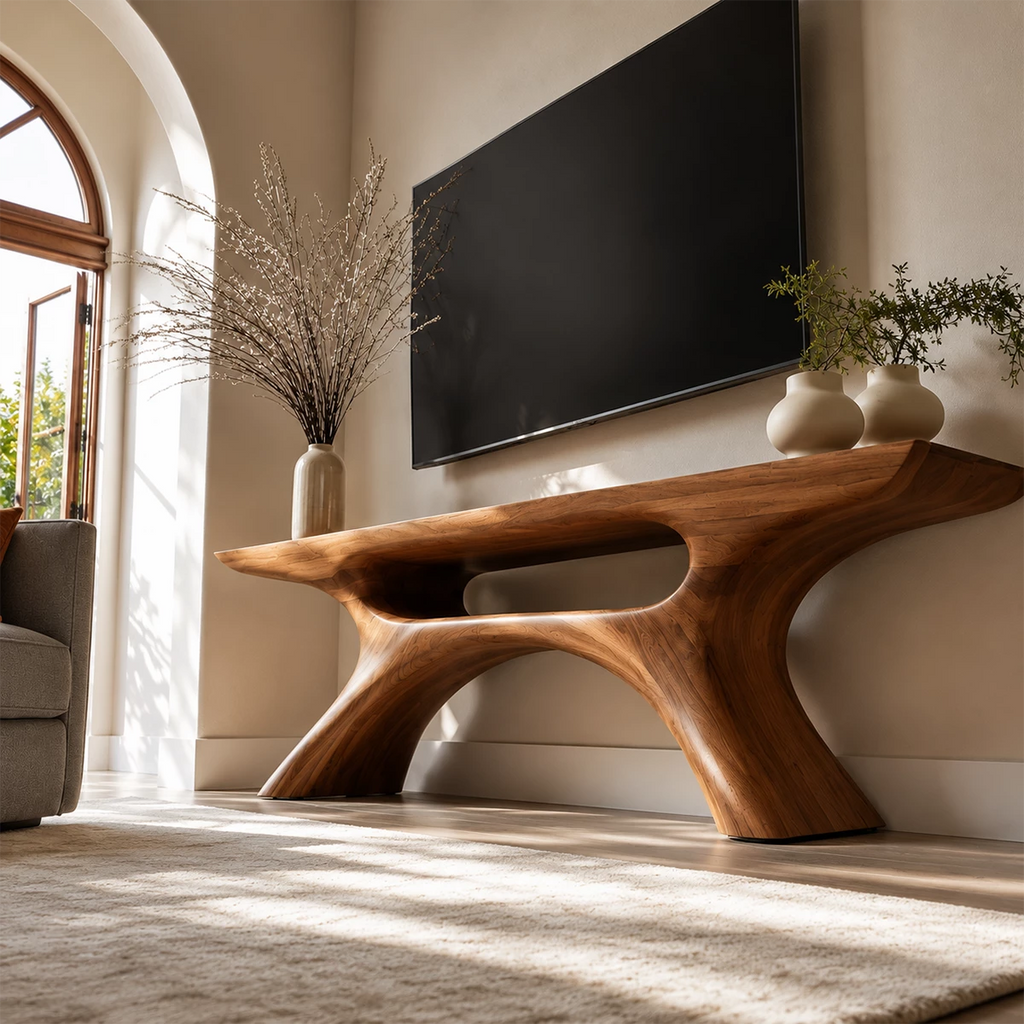 Natural Solid Wood TV Stand with Open Media Shelf and Sculptural Branch Base