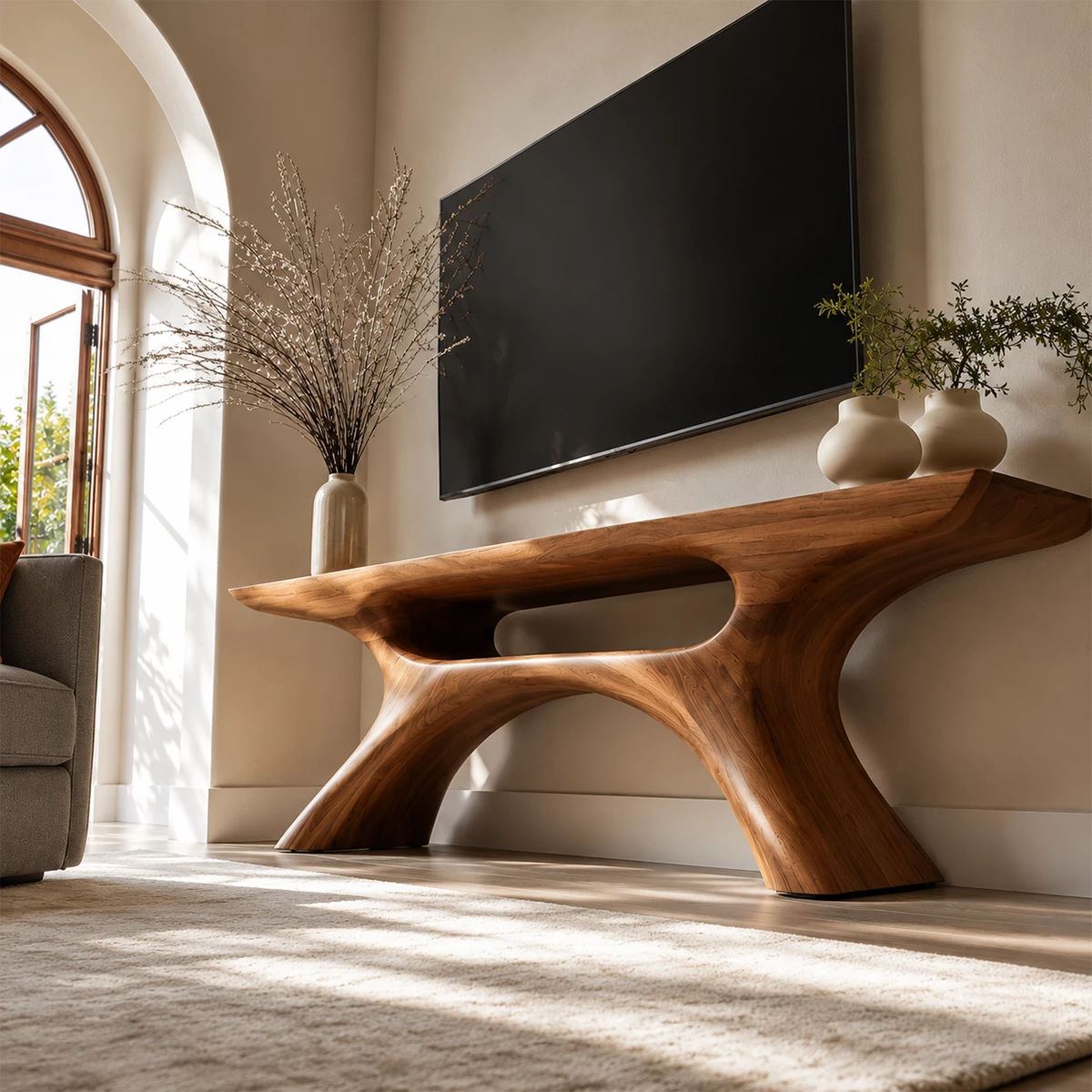 Natural Solid Wood TV Stand with Open Media Shelf and Sculptural Branch Base
