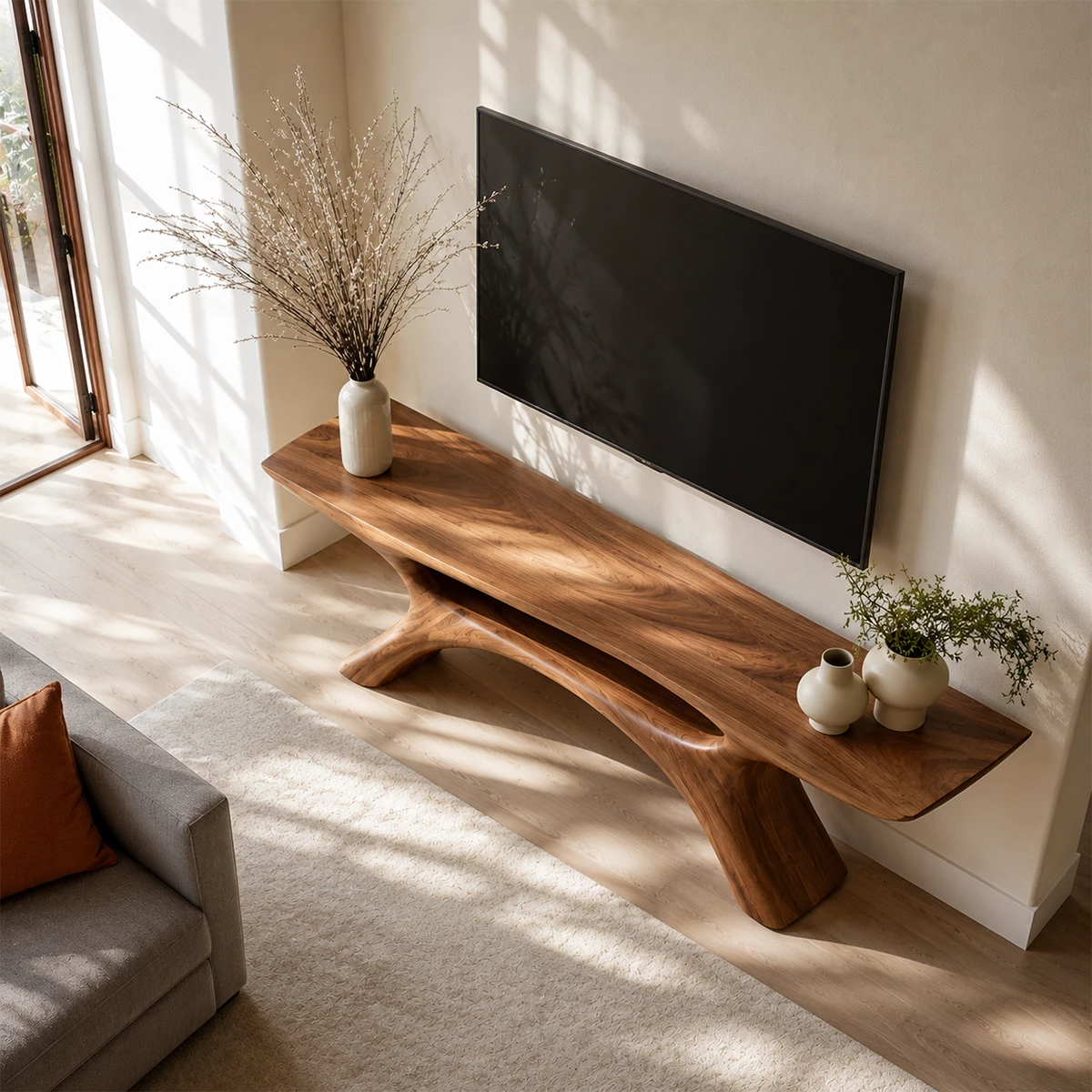 Natural Solid Wood TV Stand with Open Media Shelf and Sculptural Branch Base