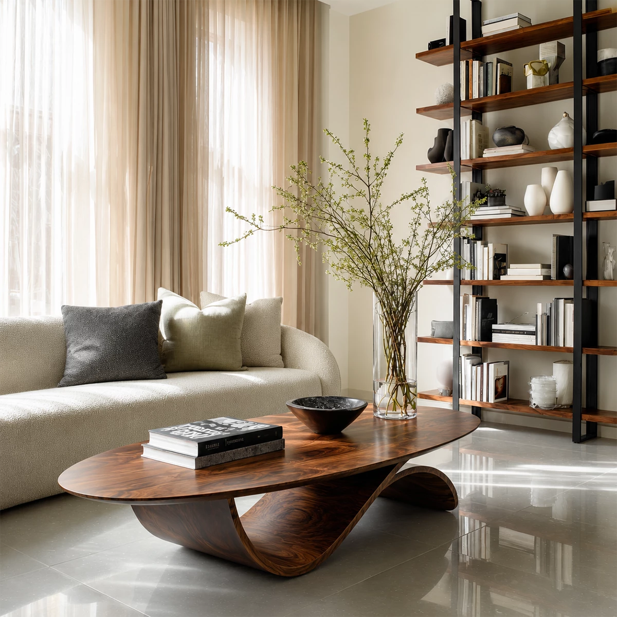 Oval Sculptural Coffee Table Crafted from Natural Solid Wood
