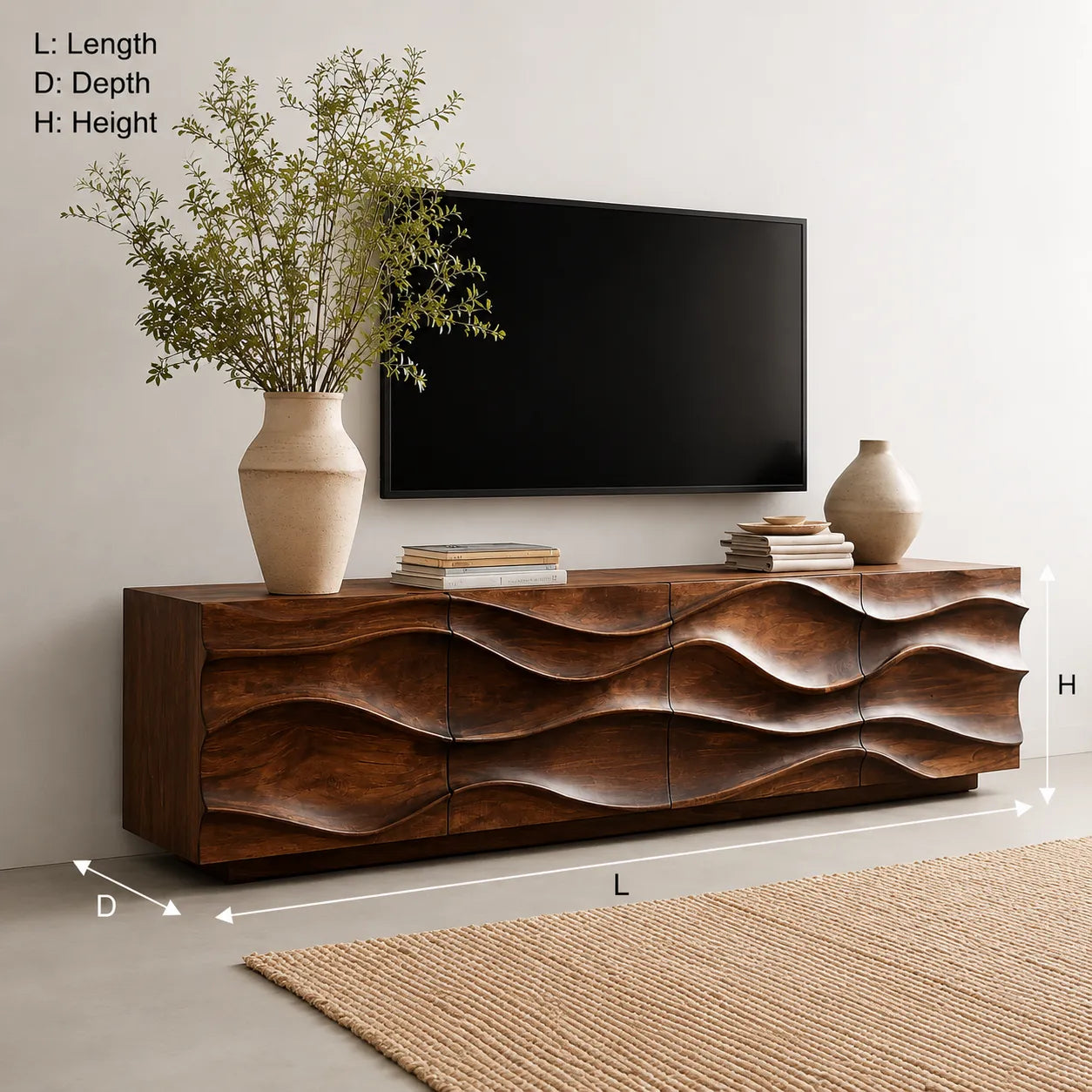 Sculpted Wave Natural Solid Wood TV Stand with Eight Drawer Storage