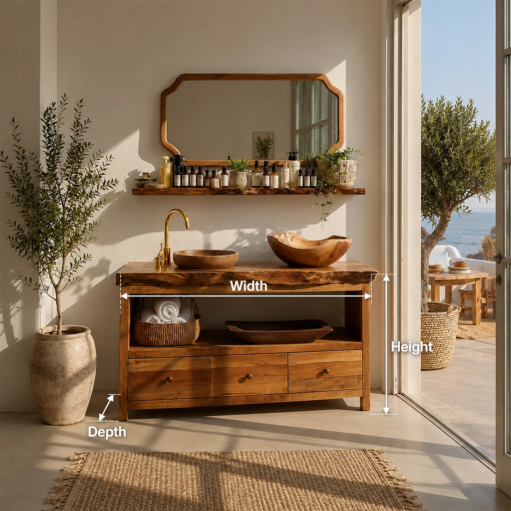 Natural Wood Bathroom Vanity With Double Vessel Sinks & Open Storage