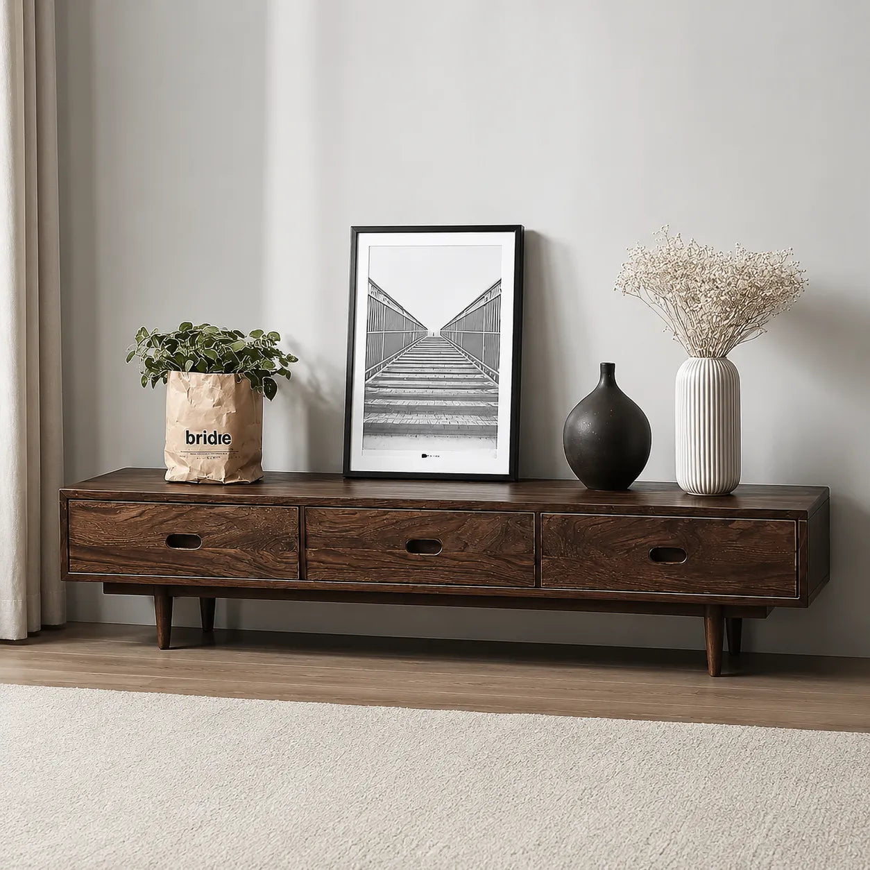 Scandinavian Natural Solid Wood TV Stand with Three Drawer Storage