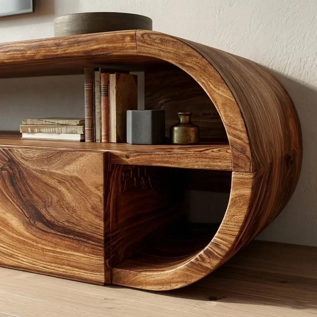 Curved Edge Natural Solid Wood TV Stand with Open Shelf Storage