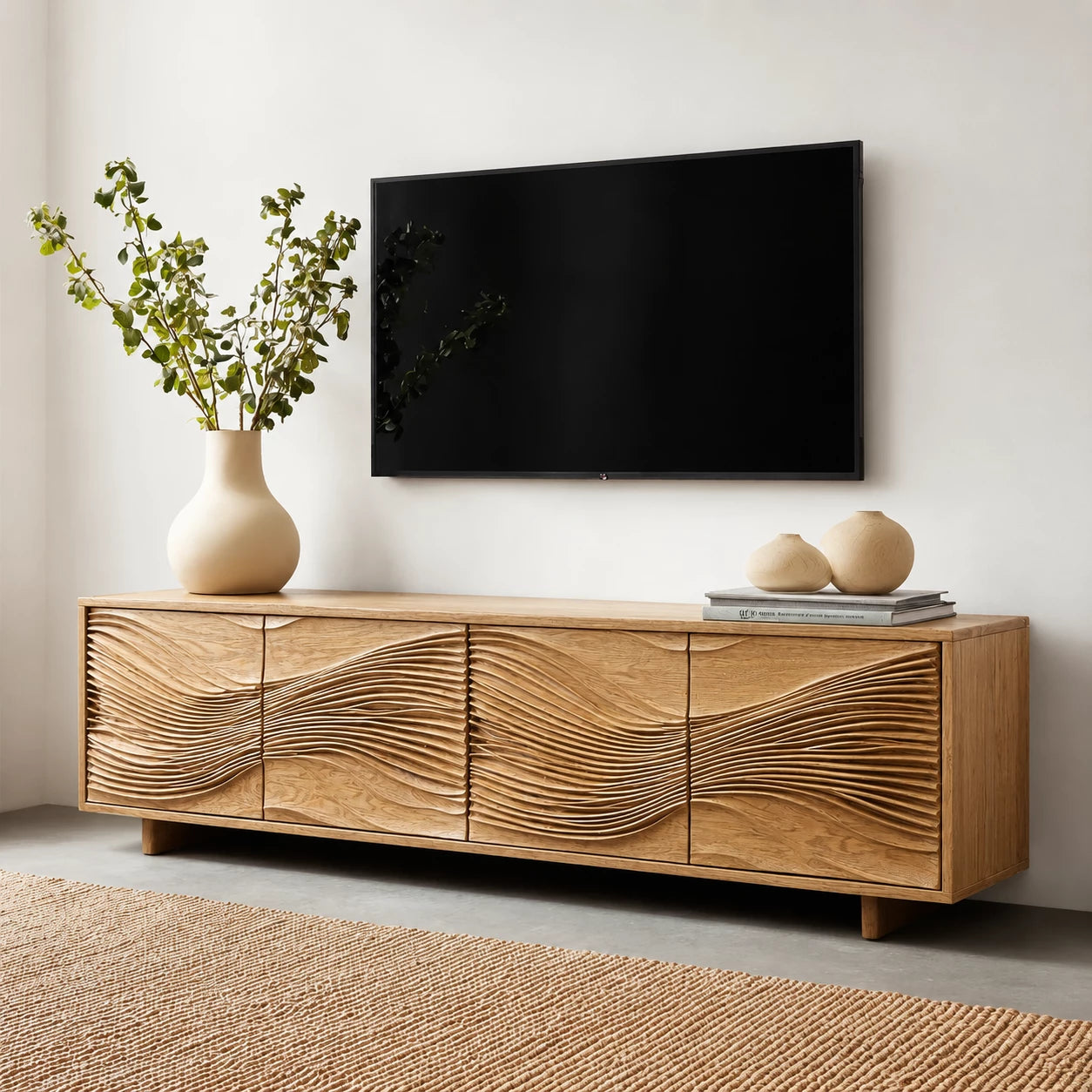 Carved Wave Natural Solid Wood TV Stand with Four Door Storage