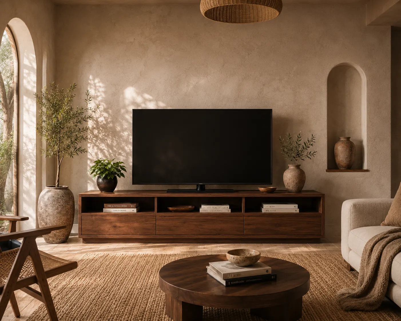 Minimalist Natural Solid Wood TV Stand with Open Shelf Storage