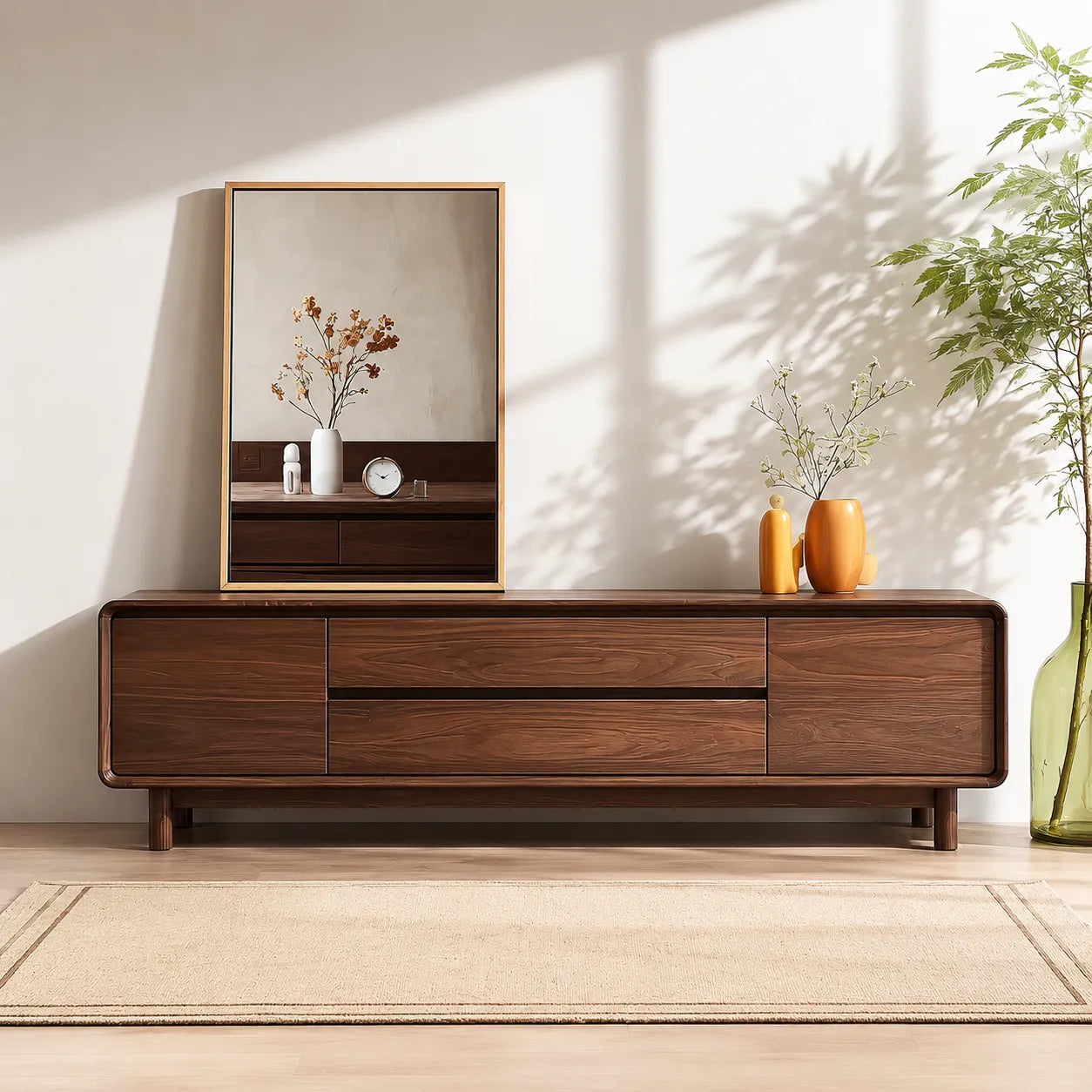 Rounded Natural Solid Wood TV Stand with Wide Drawer Storage Design
