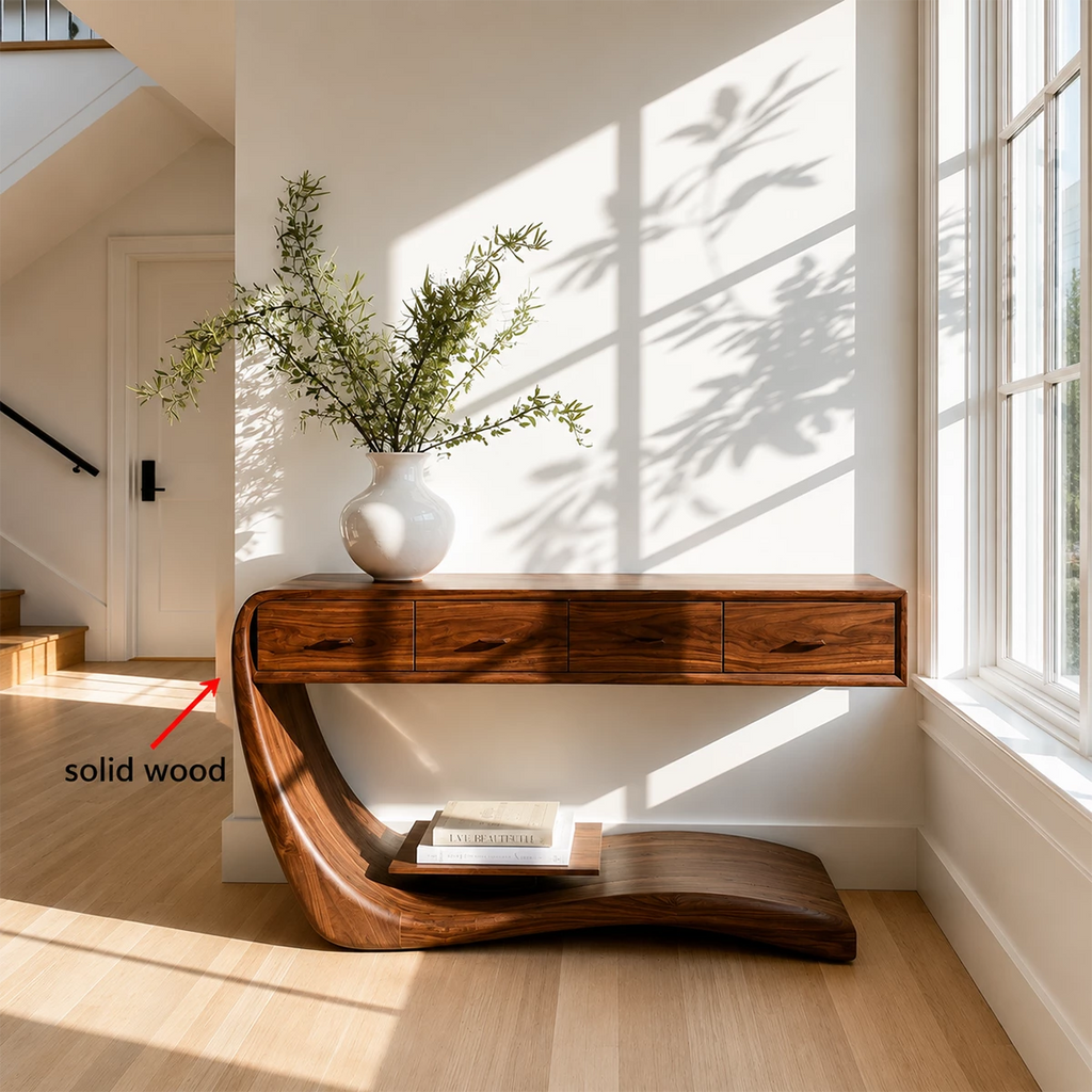 Natural Solid Wood Console Table with Four Drawers Sculptural Cantilever Style