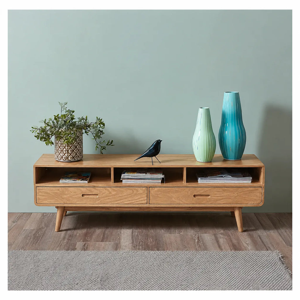 Mid Century Natural Solid Wood TV Stand with Open Shelf Storage