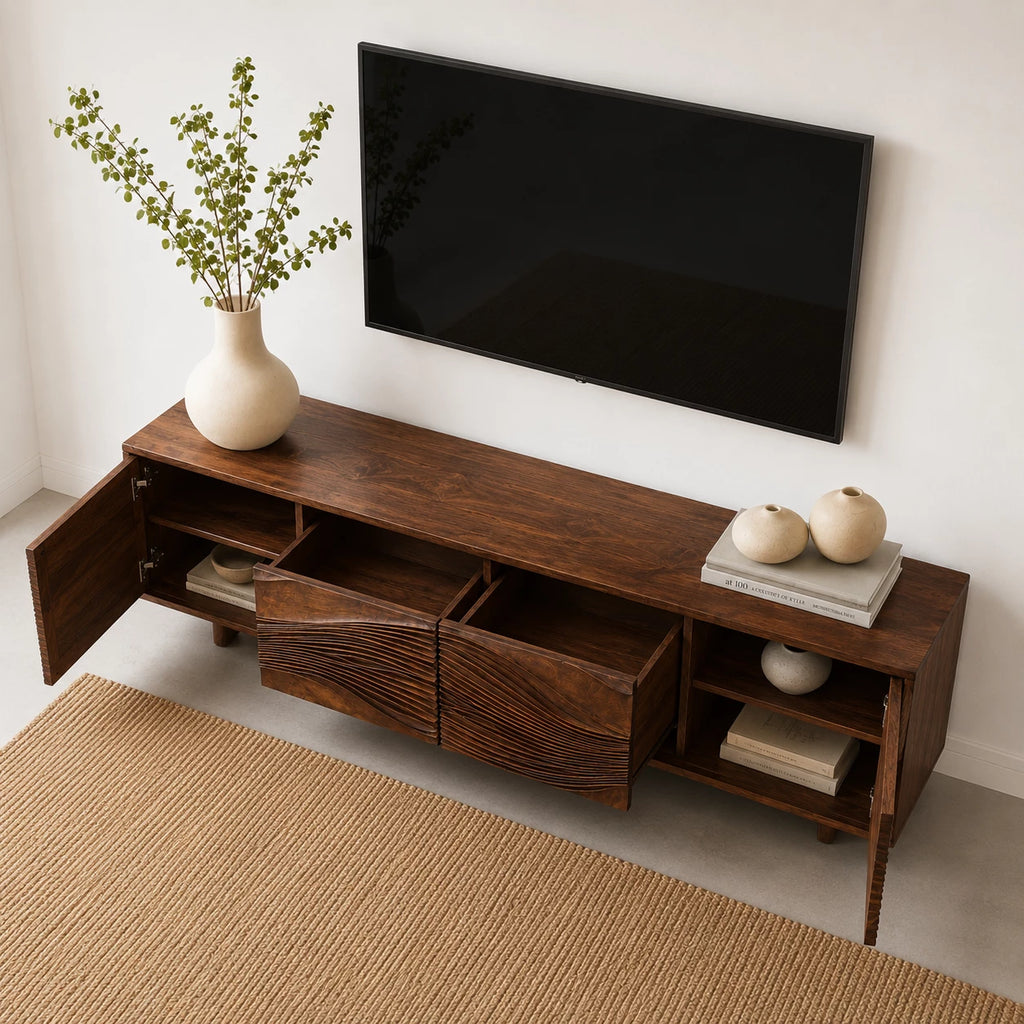 Carved Wave Natural Solid Wood TV Stand with Four Door Storage