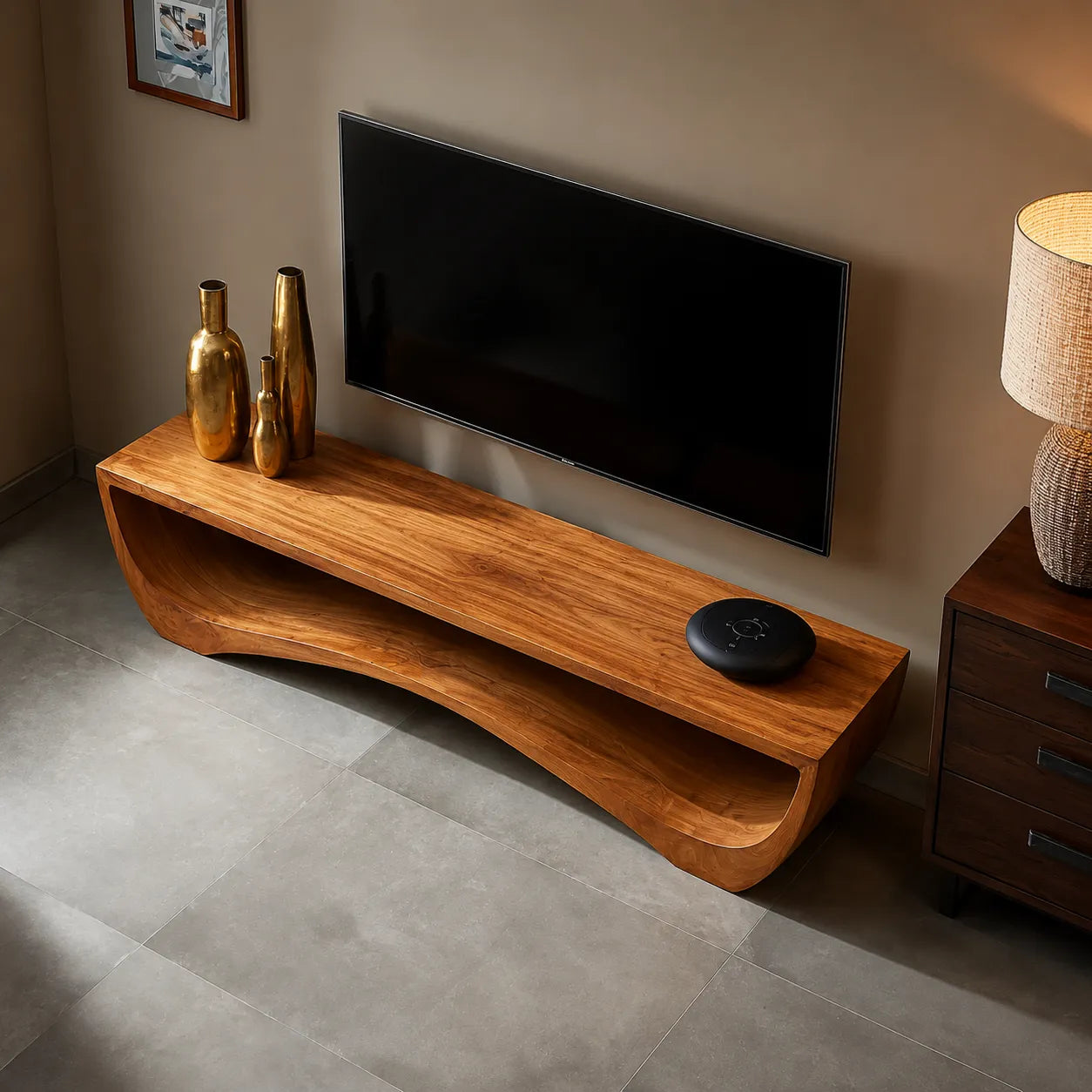 Sculptural Natural Solid Wood Wave TV Stand for Modern Living Rooms