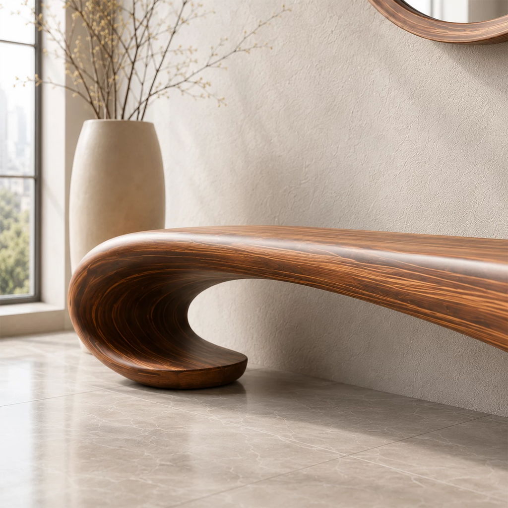 Sculptural Wave Wood Bench – Organic Natural Wood Entryway Bench for Modern Interior