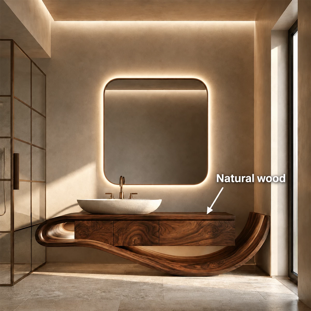 Organic Solid Wood Bathroom Vanity With Sculptural Wave Base