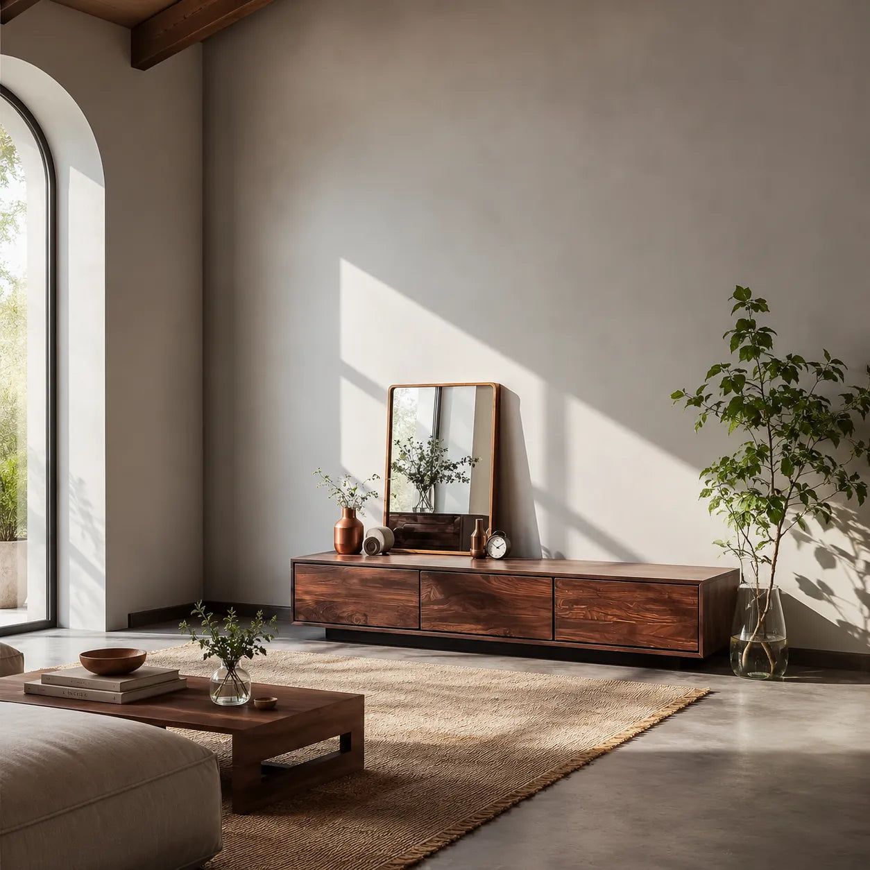 Minimalist Low Profile TV Stand with Seamless Storage Design