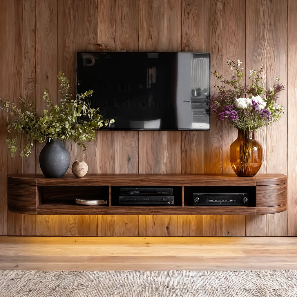 Wall Mounted Natural Solid Wood TV Stand with Open Media Storage Design